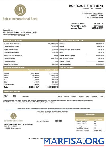Printable Latvia Baltic International Bank SE mortgage statement Word and PDF template